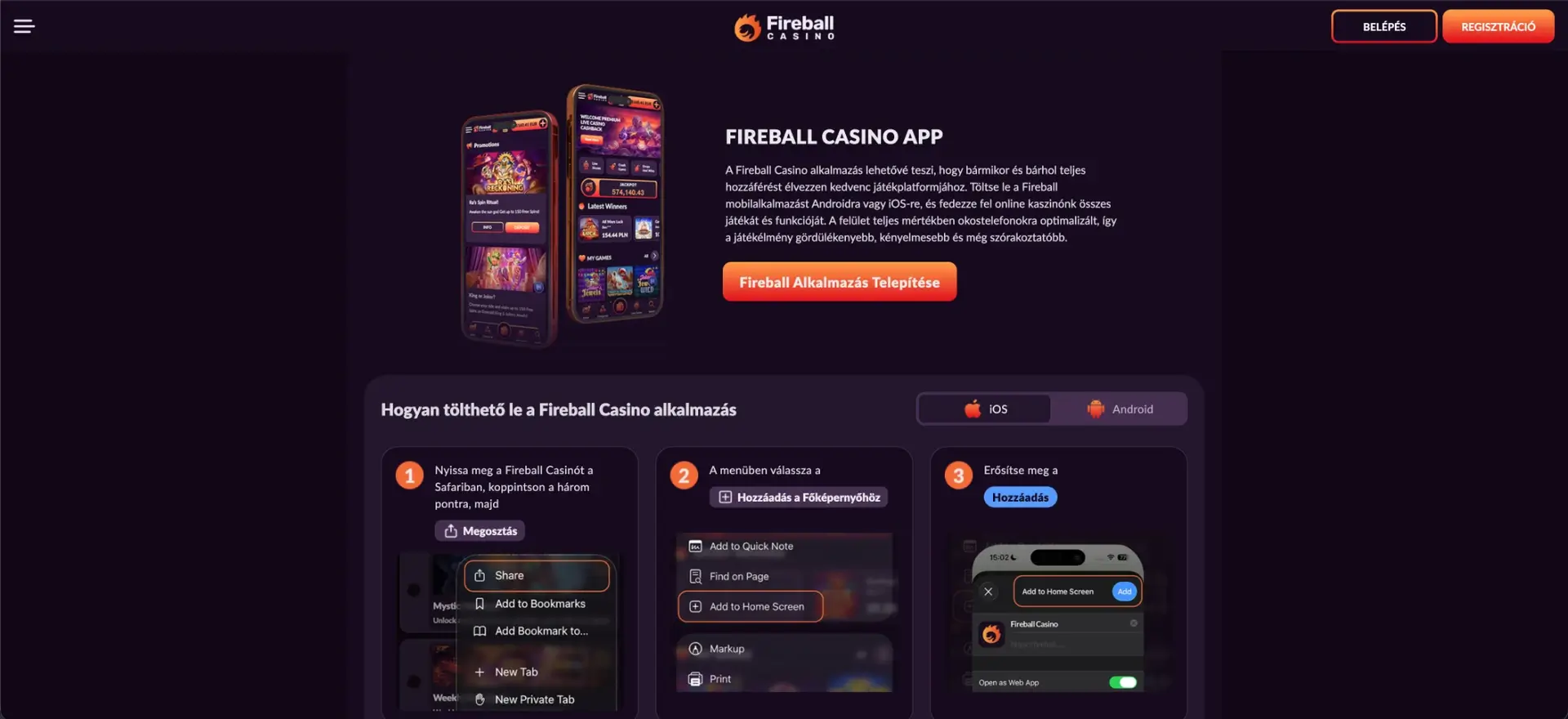 Fireball Casino alkalmazás telepítése Androidon