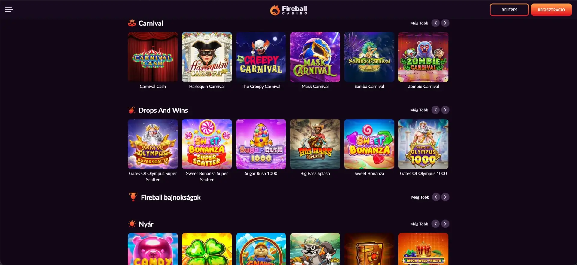 Játékkategóriák a Fireball Casino oldalán