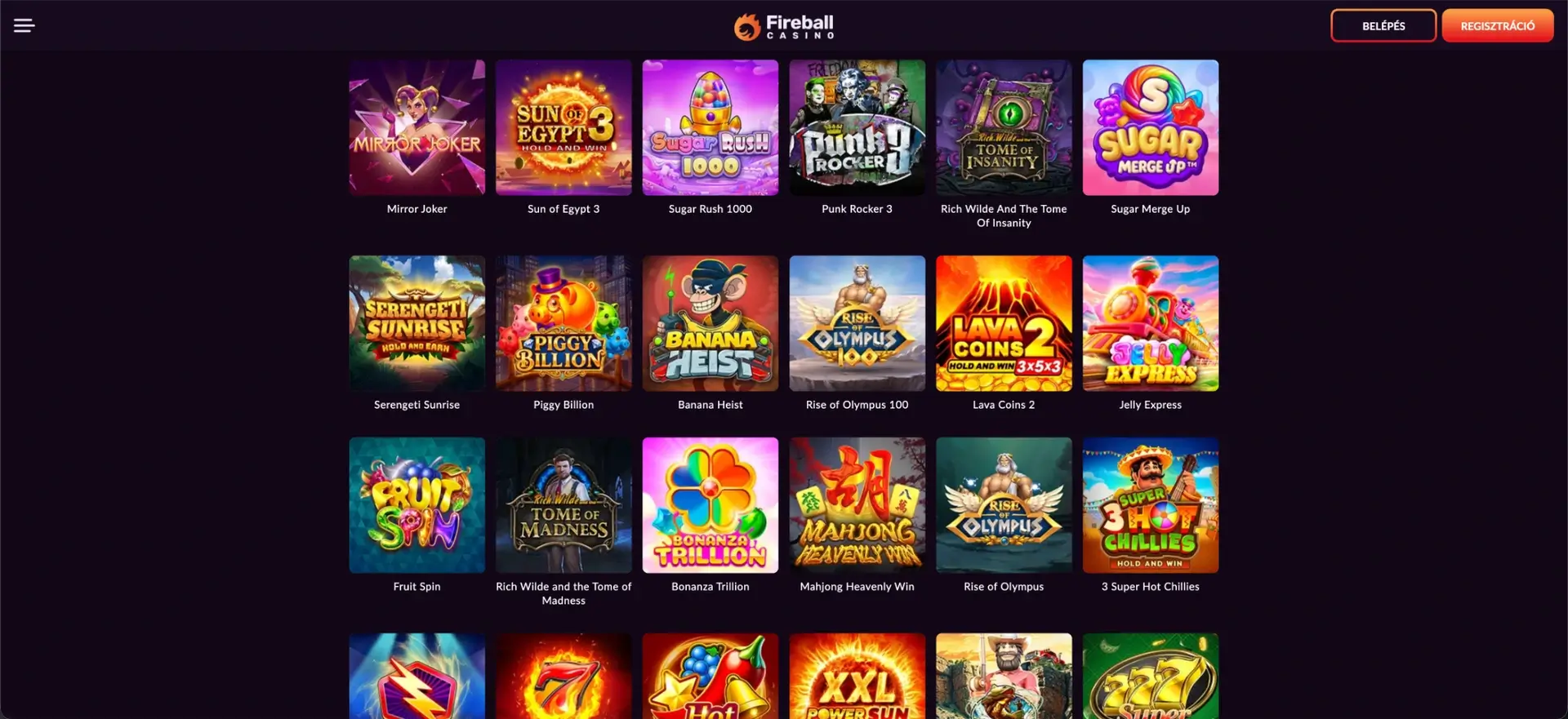 Játékok a Fireball Casino kínálatában